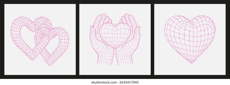 Futuristic Y2K elements 3d wireframe. Theme of love, romance, design for valentine's day.