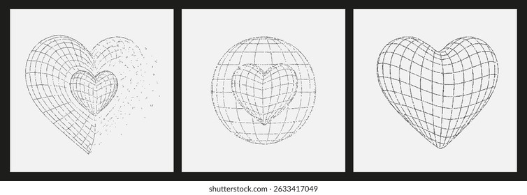 Elementos Y2K futuristas 3d wireframe. Tema de amor, romance, design para o dia dos namorados.