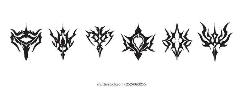 Futuristic y2k icon set, vector neo tribal tattoo, modern cyber sign space alien black collection. Gothic organic ornament logo, modern abstract shape streetwear print, sci-fi badge. Futuristic tattoo