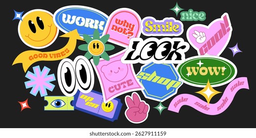 Futuristic y2k patches. Funky groovy stickers or stamps with emoji, eyes and lettering in retro 90s style. Vintage hipster promo labels. Flat vector illustration collection isolated on background