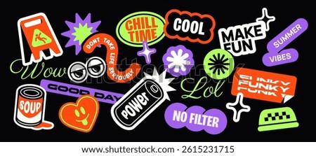 Futuristic y2k patches. Funky stickers with cool phrases, soda can, acid emoji and heart in vintage retro style. Hipster labels in 90s style. Flat vector illustration collection isolated on background