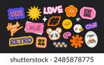 Futuristic y2k patches, labels, tags, stickers, bracelet stamps in retro style. Cartoon stickers in funky hipster groovy grunge 90s style. Vector set, trendy promo labels