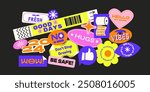 Futuristic y2k patches, labels, tags, stickers, bracelet stamps in retro style. Cartoon stickers in funky hipster groovy grunge 90s style. Vector set, trendy promo labels