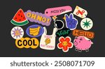 Futuristic y2k patches, labels, tags, stickers, bracelet stamps in retro style. Cartoon stickers in funky hipster groovy grunge 90s style. Vector set, trendy promo labels