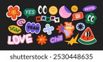 Futuristic y2k patches, labels, tags, stickers, bracelet stamps in retro style. Cartoon stickers in funky hipster groovy grunge 90s style. Vector set, trendy promo labels