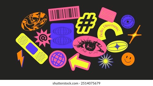 Futuristic y2k patches, labels, tags, stickers, bracelet stamps in retro style. Cartoon stickers in funky hipster groovy grunge 90s style. Vector set, trendy promo labels