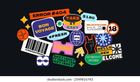 Futuristic y2k patches, labels, tags, stickers, bracelet stamps in retro style. Cartoon stickers in funky hipster groovy grunge 90s style. Vector set, trendy promo labels