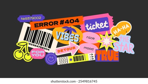 Futuristic y2k patches, labels, tags, stickers, bracelet stamps in retro style. Cartoon stickers in funky hipster groovy grunge 90s style. Vector set, trendy promo labels