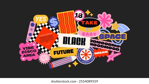 Futuristic y2k patches, labels, tags, stickers, bracelet stamps in retro style. Cartoon stickers in funky hipster groovy grunge 90s style. Vector set, trendy promo labels