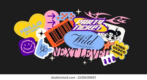 Futuristic y2k patches, labels, tags, stickers, bracelet stamps in retro style. Cartoon stickers in funky hipster groovy grunge 90s style. Vector set, trendy promo labels