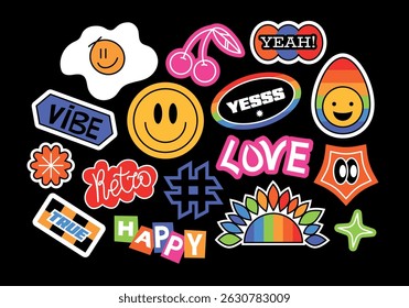 Futuristic y2k patches, labels, tags, bracelet stamps in retro style. Cartoon stickers in funky hipster groovy grunge 90s style. Doodle phrases in flat style. Cute vector set, fashion promo labels. 