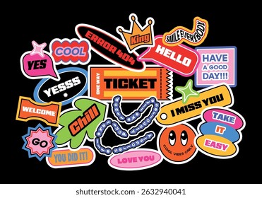 Futuristic y2k patches, labels, tags, bracelet stamps in retro style. Doodle short phrases in flat style.Cartoon stickers in funky hipster groovy grunge 90s style. Cute vector set, fashion promo label