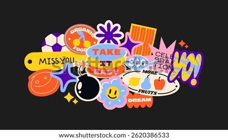 Futuristic y2k patches, labels, tags, stickers, bracelet stamps in retro style. Cartoon stickers in funky hipster groovy grunge 90s style. Vector set, trendy promo labels