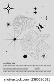 Futuristic y2k retro minimalistic poster with 3d wireframes. graphic of geometrical shapes. brutalism.