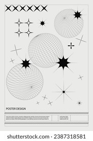 Futuristic y2k retro minimalistic poster with 3d wireframes. graphic of geometrical shapes. brutalism.