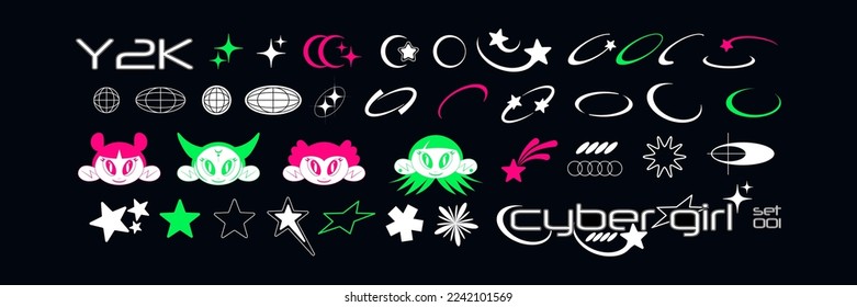 Futuristic Y2K shapes, cyber girl characters, abstract design elements. Constructor of trendy geometric postmodern figures. Vector illustration of brutalist contemporary stars. Primitive elements