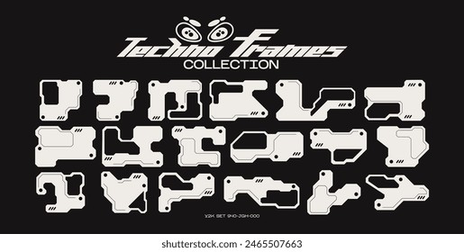 Futuristic y2k techno frames for design. HUD shapes in sci-fi style, GUI, FUI.Modern cyber user interface elements, digital hud templates, system notifications, abstract digital technology set