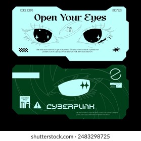Futuristic y2k technology frame for design business cards. HUD frames in Ski-Fi style, GUI, FUI.Modern cyber user interface elements.