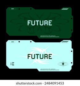 Futuristic y2k technology frame for design business cards. HUD frames in Ski-Fi style, GUI, FUI.Modern cyber user interface elements. 