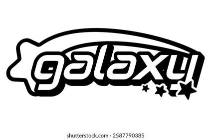 Futuristic Y2K typography logo with the word galaxy surrounded by dynamic star elements. Retro-inspired space aesthetic with bold black and white lettering, perfect for nostalgic and cyber designs.