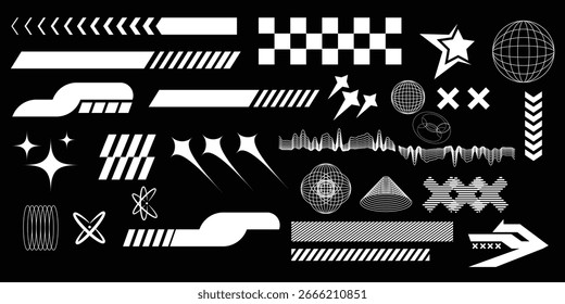 Forma vetorial Y2K futurista definida com ícones abstratos, globos, estrelas cintilantes, grades e elementos inspirados em tecnologia para design digital, cartazes e gráficos de rua