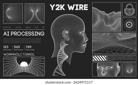 Futuristische Y2K-Drahtmodell-Vektorgrafik mit digitalem menschlichen Kopf, KI-Verarbeitungsschnittstelle, Wurmloch-Tunneldesign, sechseckiger Maschenlandschaft und abstrakten Tech-Elementen in Schwarz