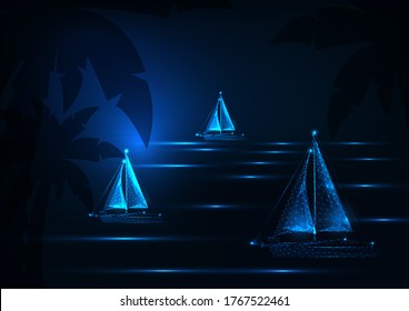 Futuristic yachting regatta concept with glowing low polygonal sailing boats competition in night tropical sea landscape on dark blue background. Modern wire frame mesh design vector illustration.