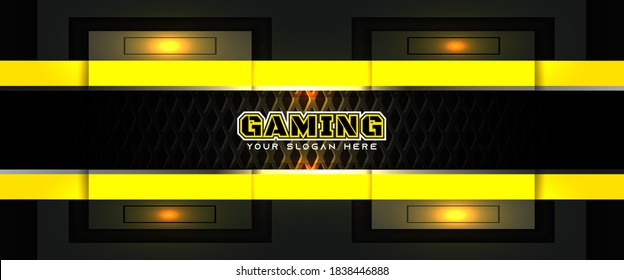 Futuristic yellow and black abstract gaming banner design template with metal technology concept. Vector graphic for business corporate promotion, game header social media, live streaming background