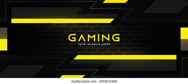 Futuristic yellow and black abstract gaming banner design with metal technology concept. Vector illustration for business corporate promotion, game header social media, live streaming background