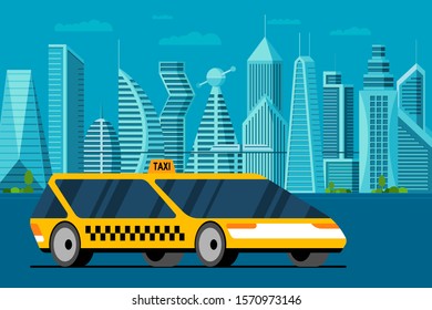 Futuristic yellow car on future cityscape road. Autonomous get taxi cab vehicle service in smart city with skyscrapers and towers. Flat vector illustration