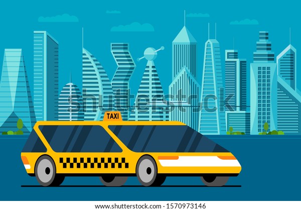 Futuristic yellow car on future\
cityscape road. Autonomous get taxi cab vehicle service in smart\
city with skyscrapers and towers. Flat vector\
illustration