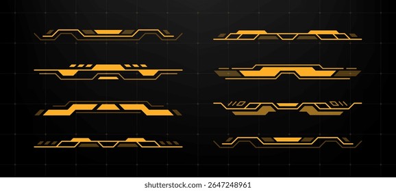 Futuristic yellow HUD banners and frames collection for game interface, data display, and augmented reality technology concept.