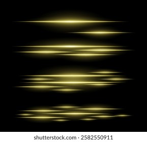 Futuristic Yellow light streaks set. Glowing horizontal laser beams motion blur on a dark background. Sci-fi energy lines, cyberpunk style, digital speed effects, and modern technology aesthetics.
