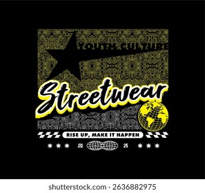 Futuristic youth culture illustration in Y2K style. Vector T-shirt design with typographic elements, suitable for posters, streetwear, and urban fashion