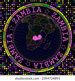 Futuristic Zambia on globe. Bright neon satelite view of the world centered to Zambia. Geographical illustration with shape of country and geometric background. Appealing vector illustration.