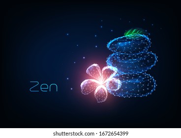 Futuristic zen concept with glowing low polygonal balancing stones, pink plumeria flower and green leaf on dark blue background. Modern wire frame mesh design vector illustration. 