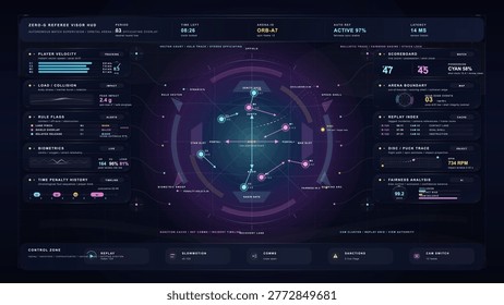 Futuristic zero gravity sports referee HUD dashboard with scoreboard, player tracking, disc trajectory, collision analysis and fairness monitoring in orbital arena
