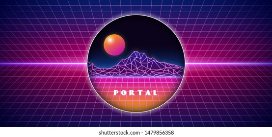 Futuristick 1980s style digital space isolated portal hole background. 80s space surface landscape view with grid background and glowing neon horizon vector illustration