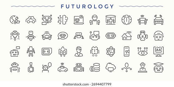 Conjunto de iconos de Futurología. Iconos web delgados. Conjunto de iconos de aire. Contiene información relacionada con inteligencia, artificial, auto, máquina, aire y más.