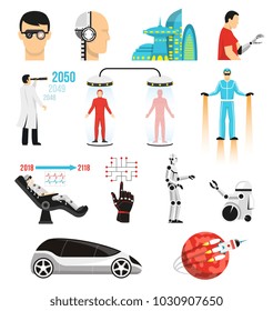 Futurology icons set with bionic medicine, human cloning, cryopreservation, future city, space tourism isolated vector illustration