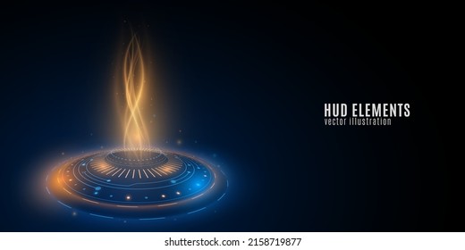 Futurustic HUD element with blue and yellow flash. Energy flow with lightning. Modern technology background. Glowing portal. Virtual graphic. Light effect. Vector illustration. EPS 10