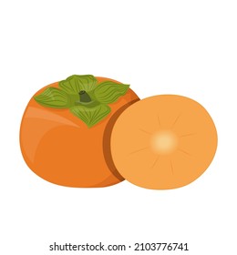 Fuyu persimmon fruit vector isolated. Fresh juicy product, tropical food. Exotic fruit, slice of a persimmon.