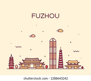 Fuzhou skyline, Fujian province, China. Trendy vector illustration, linear style