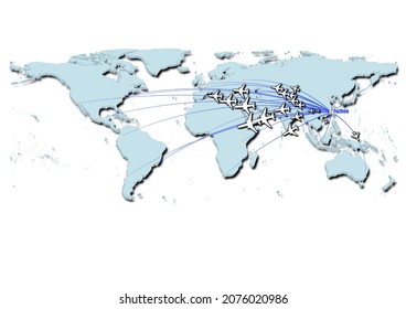 Fuzhou-China in concept vector illustration, map showing flights from Fuzhou-China to major cities around the world.