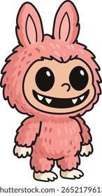 Fuzzy cartoon character in a pink bunny suit with a wide smile and big eyes, inspired by collectible designer toy style, ideal for fun illustrations or games