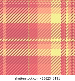 Fuzzy fabric texture tartan, linear vector plaid textile. Bold background seamless check pattern in red and yellow colors palette.