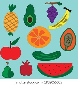Fuzzy fruit symbols including banana, orange, papaya, watermelon , apple , pineapple and pear 