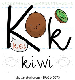 Fuzzy kiwi with moustache and another sliced with green flesh, learning and practicing pronunciation of the letter 'K' of English alphabet.