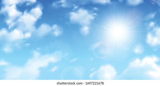 Fuzzy sun rays through scattered clouds on gradient blue sky realistic background image vector illustration 