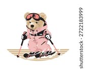 Fuzzy teddy bear skier in rosy pink jumpsuit enjoys downhill snow sports with poles. Fun winter activity graphic for resort wear.
